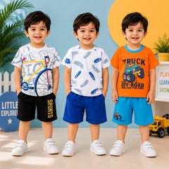 Bicycle, Feather & Monster Truck Print T-Shirt with Shorts (Pack of 3)
