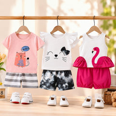 Hello Cat, Cute Kitty &amp; Flamingo Print T-Shirt with Shorts (Pack of 3)