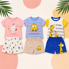 Kitty Print, Lucky Kid Car Print & Giraffe Print Girls Pack of 3 Summer Cotton Co-Ord Sets ( Pack of three )