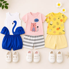 Blue Swan, Pink Hello Cat & Yellow Pineapple Cotton T-Shirt & Shorts Set (Pack of 3)