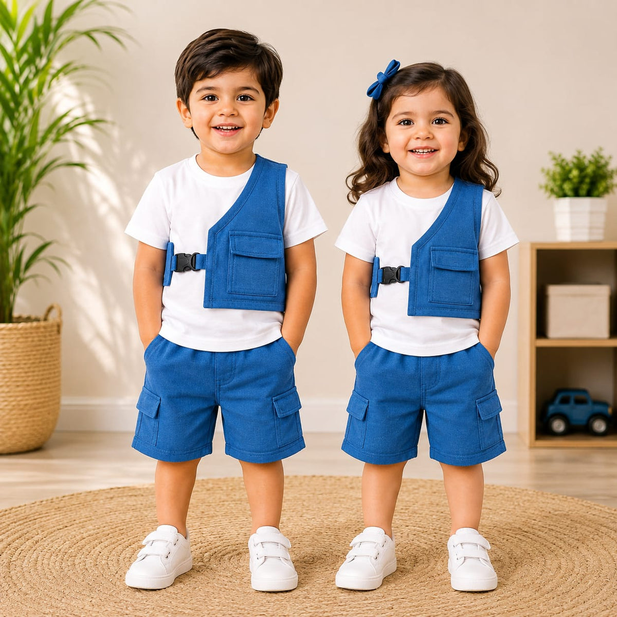 Kids Sky Blue Cargo Shorts Co-Ord Set with Utility Vest – Unisex Summer Outfit