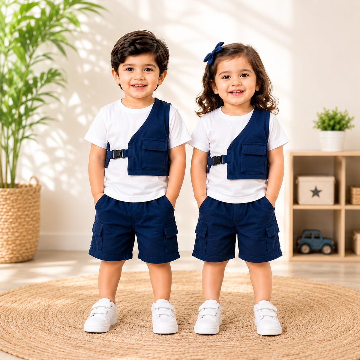 Kids Blue Cargo Shorts Co-Ord Set with Utility Vest – Unisex Summer Outfit