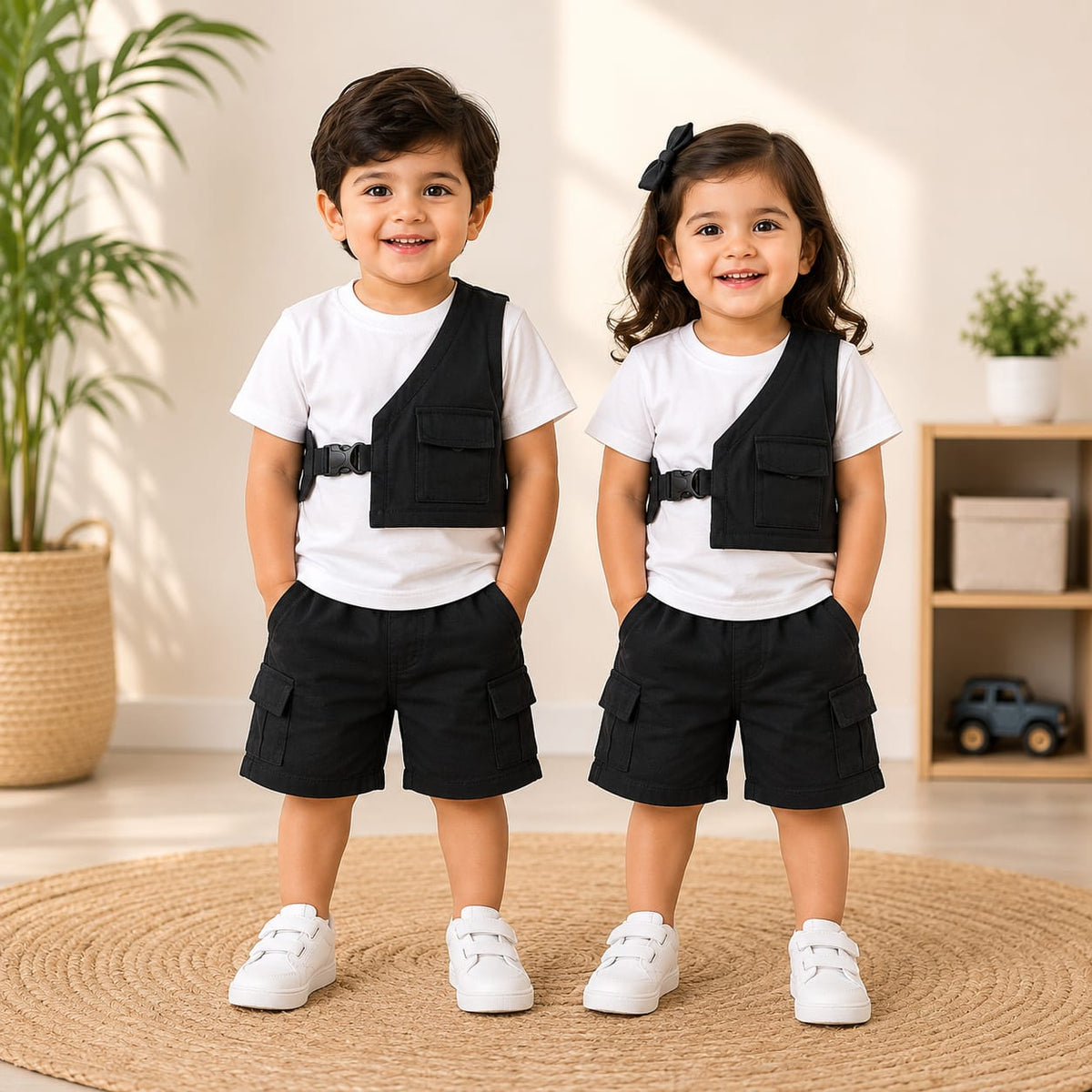 Kids Black Cargo Shorts Co-Ord Set with Utility Vest – Unisex Summer Outfit