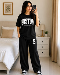 Boston Graphic Oversized T-Shirt & Wide-Leg Pants Co-Ord Set