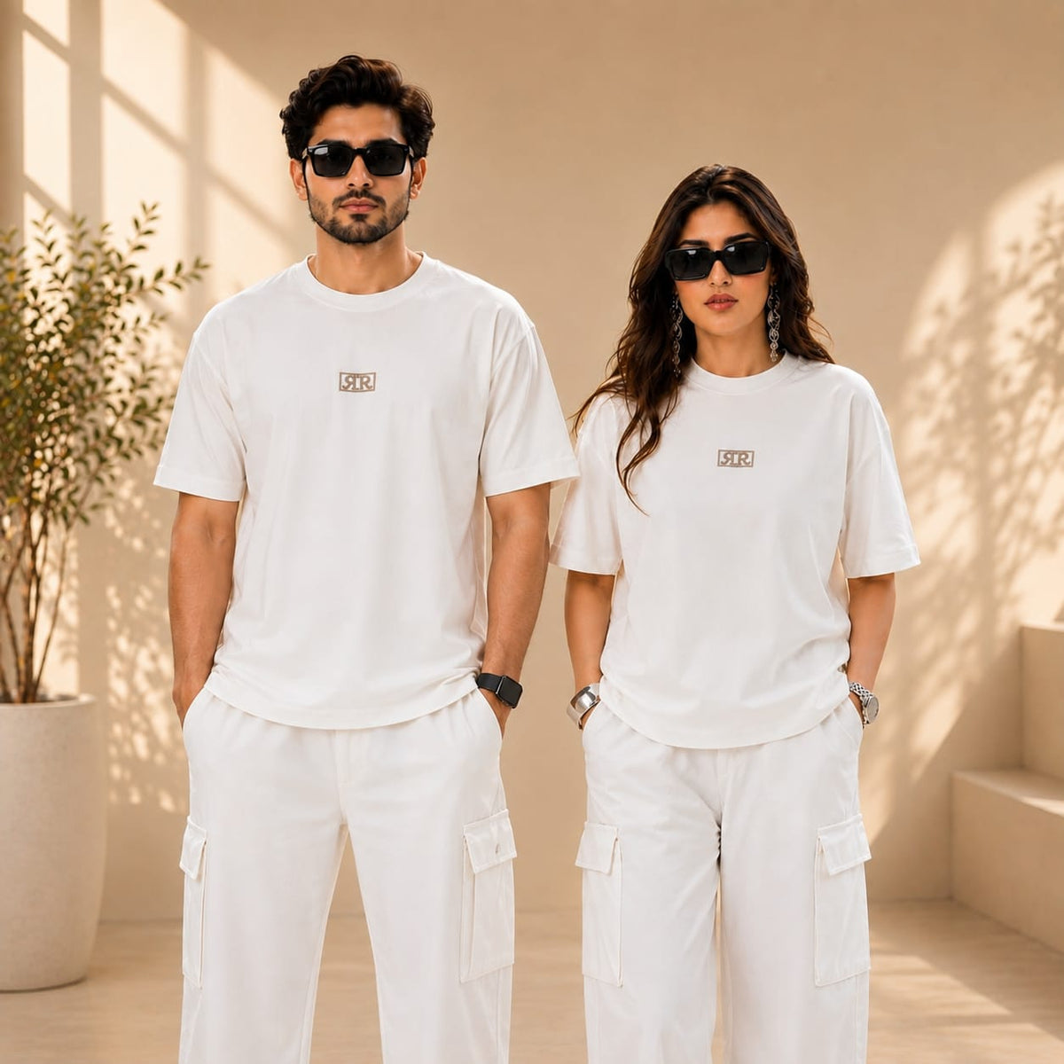 White Drop-Shoulder T-Shirt with Center Logo Unisex