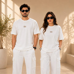White Drop-Shoulder T-Shirt with Center Logo Unisex