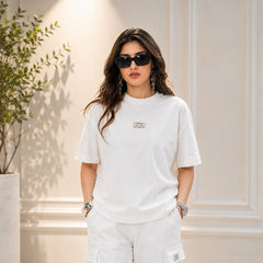 White Drop-Shoulder T-Shirt with Center Logo Unisex