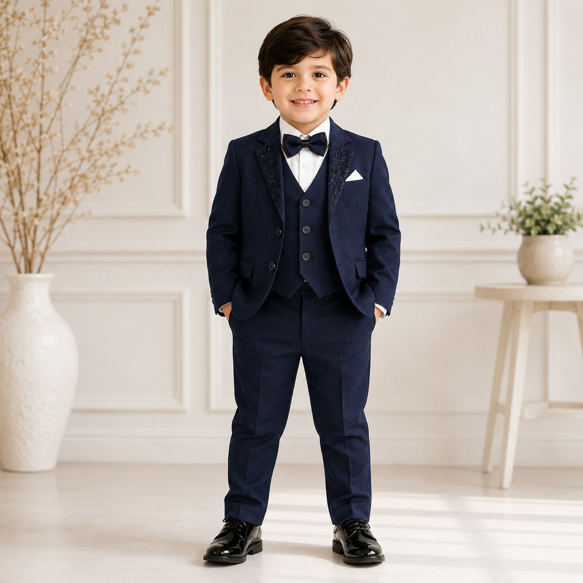 Boys’ Navy Blue 3-Piece Formal Suit Set with Embroidered Lapel, Bow Tie & Pocket Square