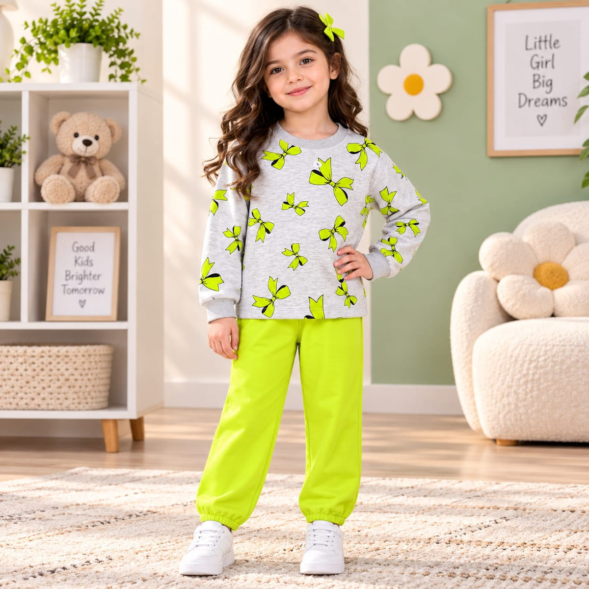 Neon Green Bow Printed Girls’ Co-Ord Set – Premium Casual Wear