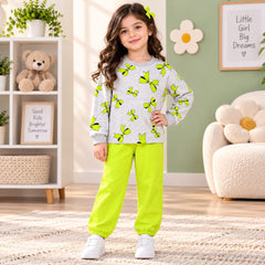 Neon Green Bow Printed Girls’ Co-Ord Set – Premium Casual Wear