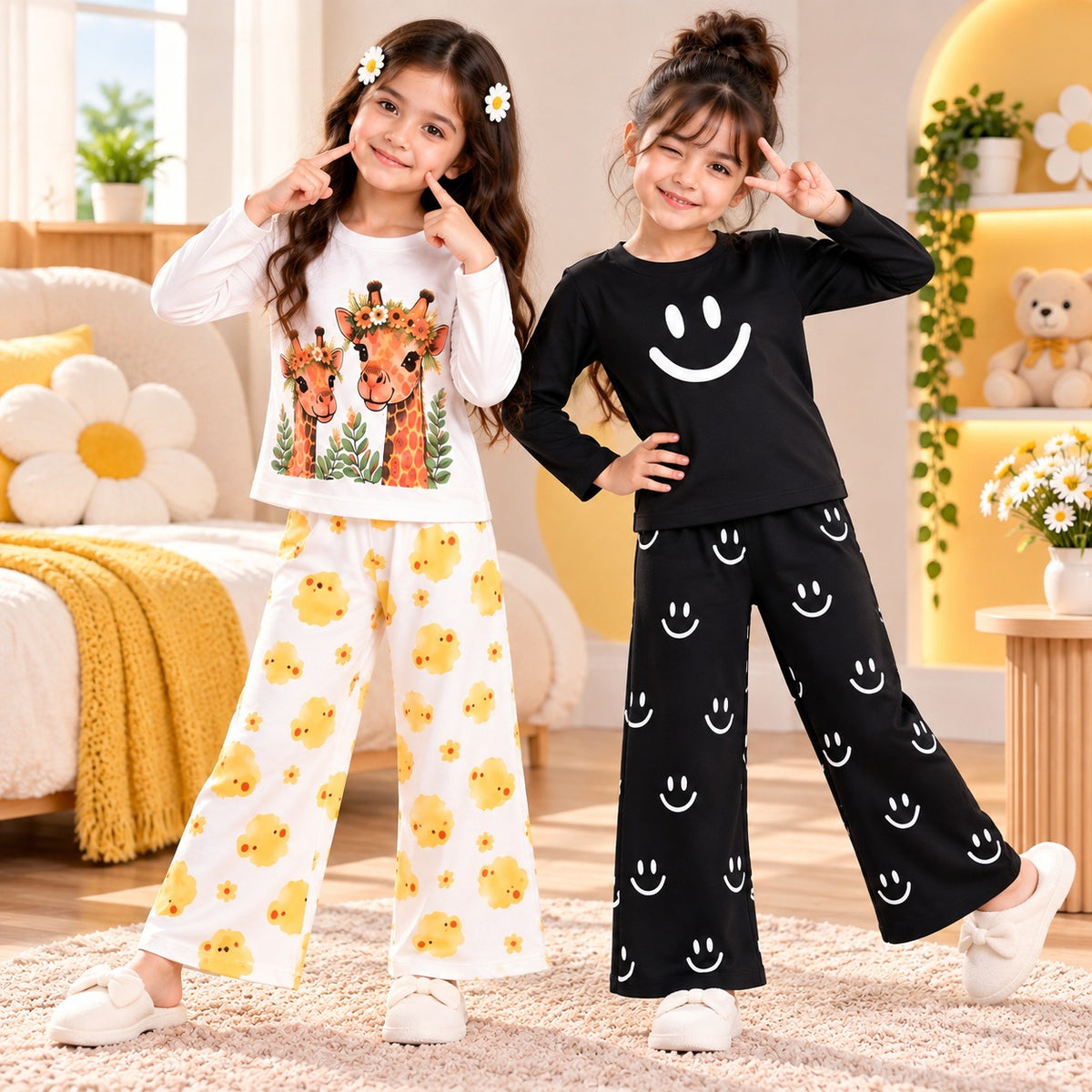 C1 —Pack of 2 Giraffe & Smiley Printed Girls Co-Ord Set