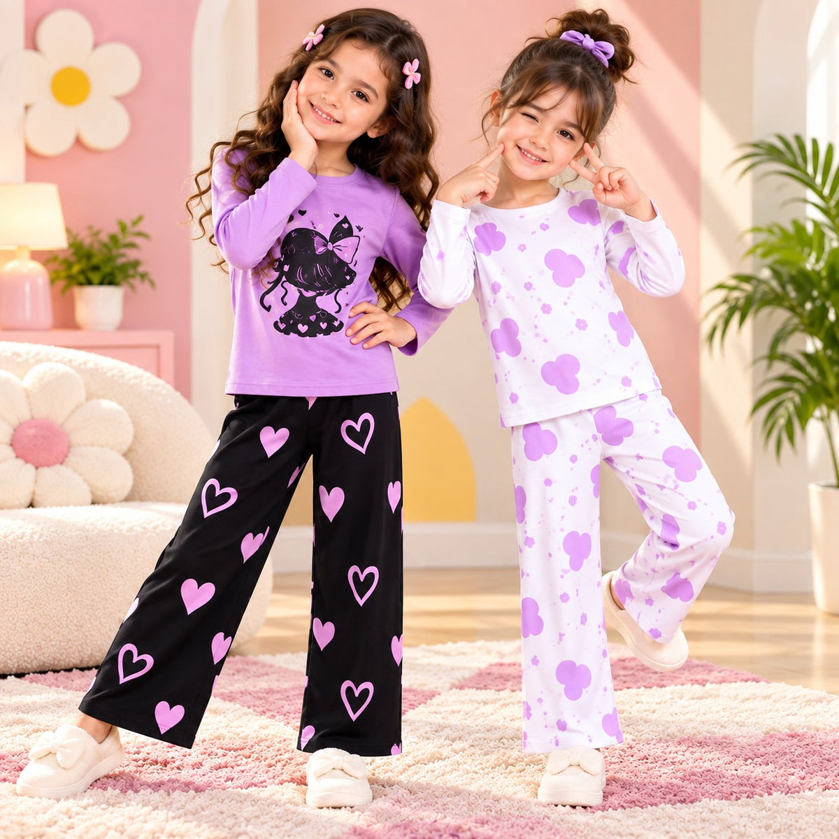 C1 —Pack of 2 Purple & White Floral Girls Co-Ord Set