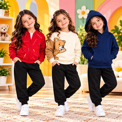 Red Printed Tracksuit & Brown Bear & Navy Hoodie Girls Dress – Pack of 3