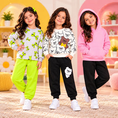 Green Bow & Teddy Bear & Pink Hoodie Girls Dress – Pack of 3
