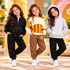 Black Printed Tracksuit & Tiger Bear & Grey Hoodie Girls Dress – Pack of 3