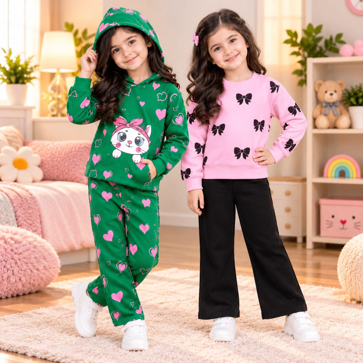 Green Kitty & Pink Bow Girls Dress – Pack of 2