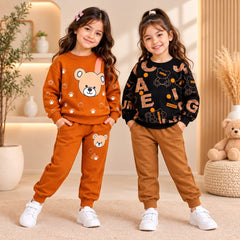 Bear Print & Cozy Orange Girls Winter Co-Ord Set