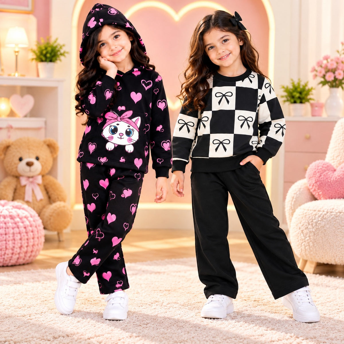 Black Pink Heart Cat & Black Bow Checkered Girls Co-Ord Set