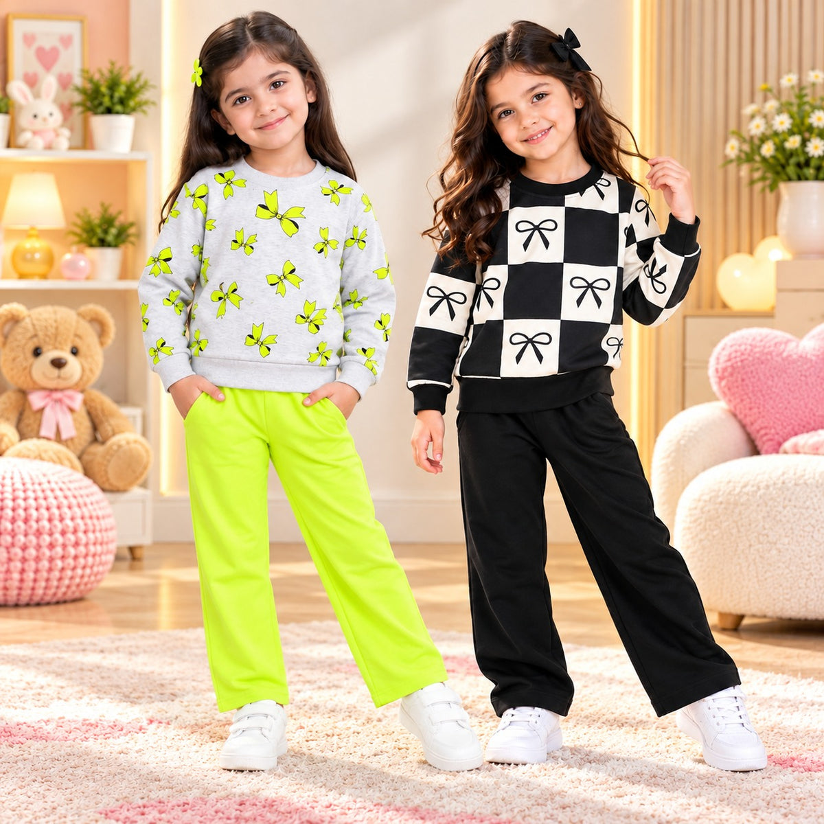 Lime Green Bow Print & Black Bow Checkered Girls Co-Ord Set