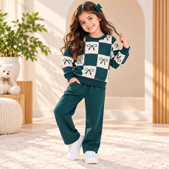 Green Bow Checkered Girls Co-Ord Set