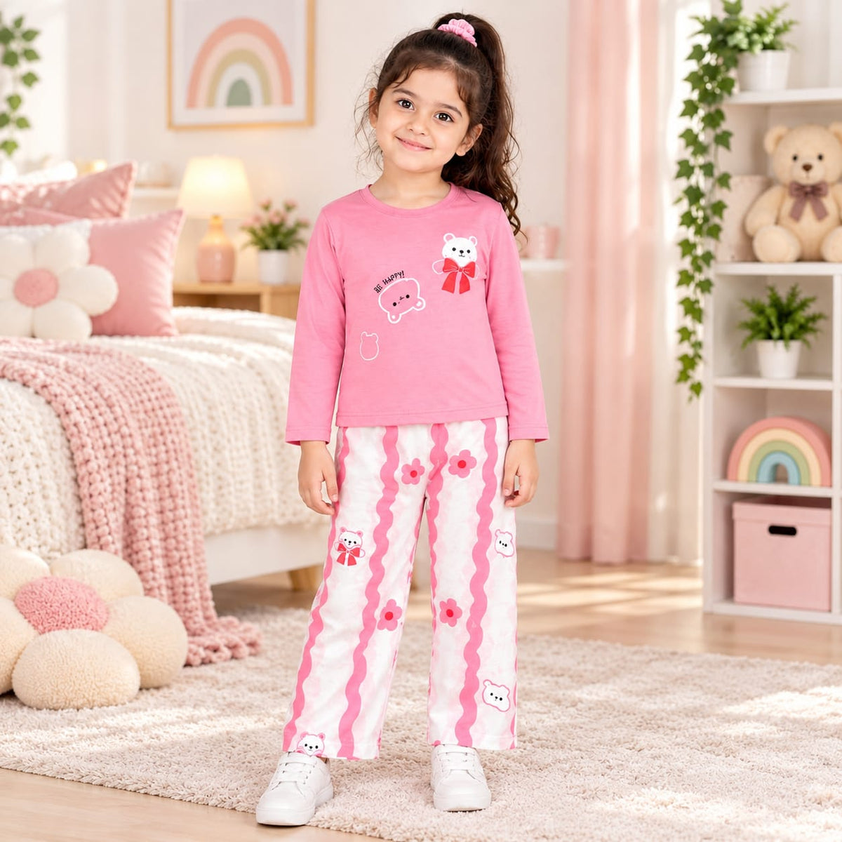 C1 Pink Bear & Floral Stripe Print Girls Kids Night Suit
