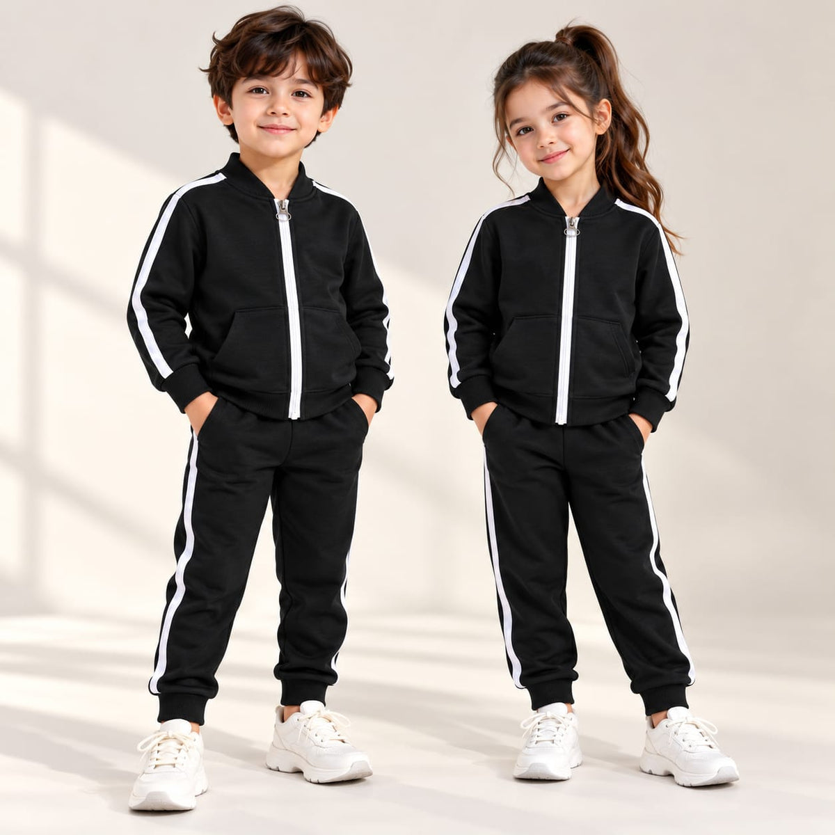 Black Double-Pocket Winter Tracksuit for Kids