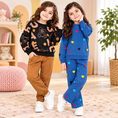 Brown Text & Royal Blue Heart Print Girls Winter Co-Ord Sets – Pack of 2