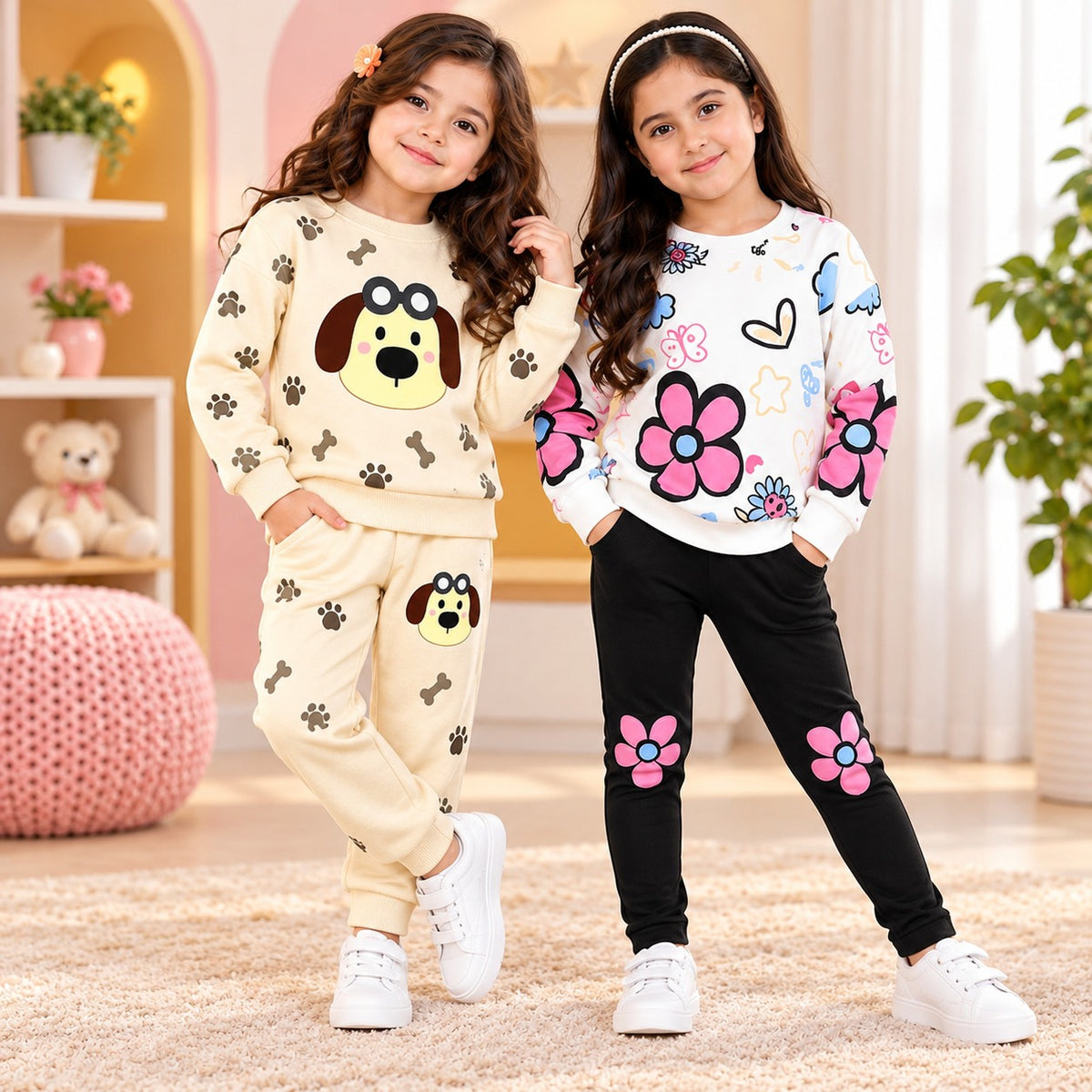 Cream Puppy Print & White Floral Girls Winter Co-Ord Sets – Pack of 2
