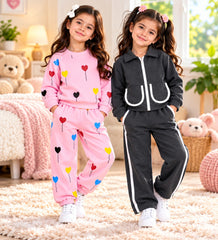 Pink Heart Print & Charcoal Grey Zipper Girls Winter Co-Ord Sets – Pack of 2