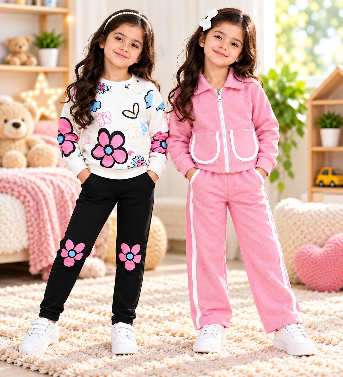 White Floral & Pink Zipper Girls Winter Co-Ord Sets – Pack of 2