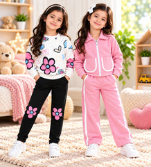 White Floral & Pink Zipper Girls Winter Co-Ord Sets – Pack of 2