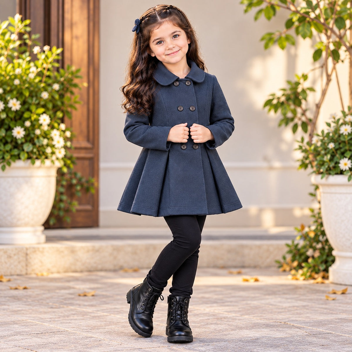 Navy Blue Wastern Style Button Kids Fleece Coat
