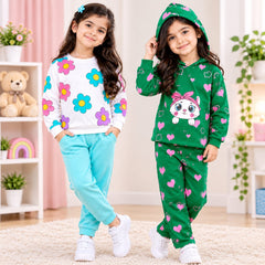 Floral & Kitty Printed Girls Sweatshirt Trouser Set (Pack of 2)
