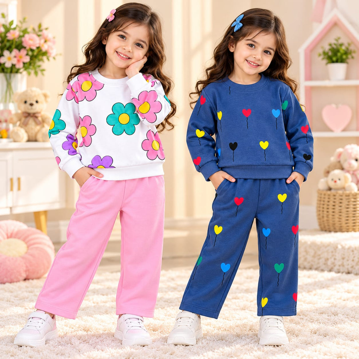 Pink Floral & Blue Heart Balloon Printed Girls Sweatshirt Trouser Set (Pack of 2)