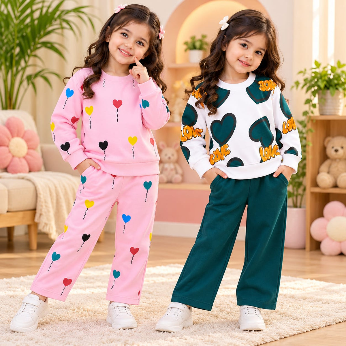 Pink Heart Balloon & Green Love Printed Girls Sweatshirt Trouser Set (Pack of 2)