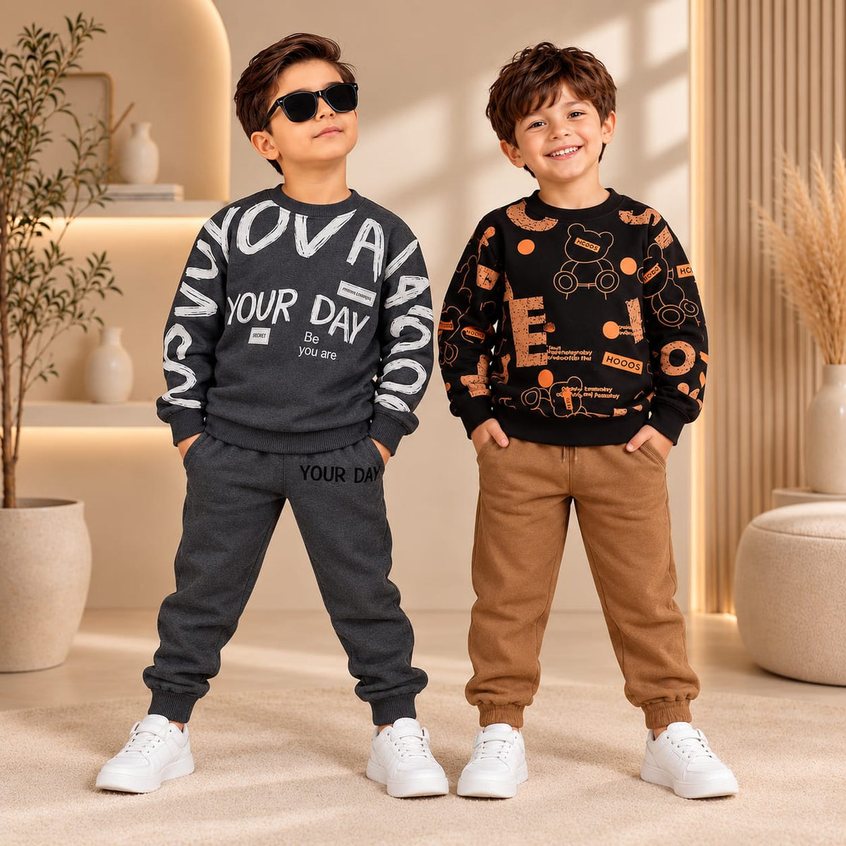 Gray Your Day & Brown Text Printed Boys Sweatshirt Trouser Set (Pack of 2)