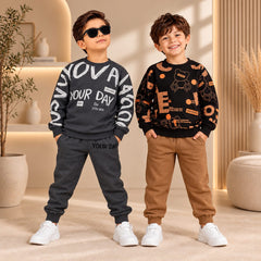 Gray Your Day & Brown Text Printed Boys Sweatshirt Trouser Set (Pack of 2)