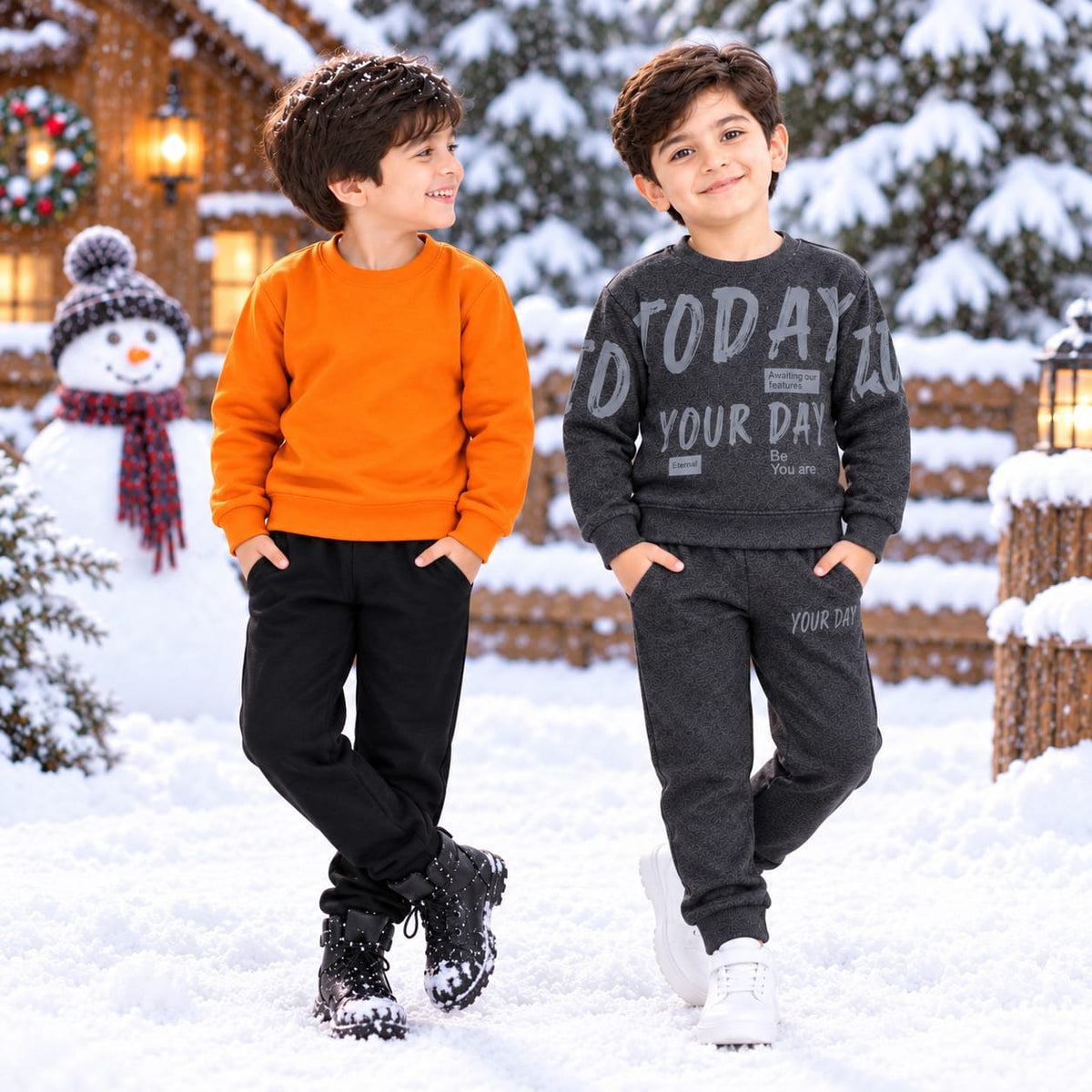 Orange Plain & Grey Printed Desgin Tracksuit - Pack of Two