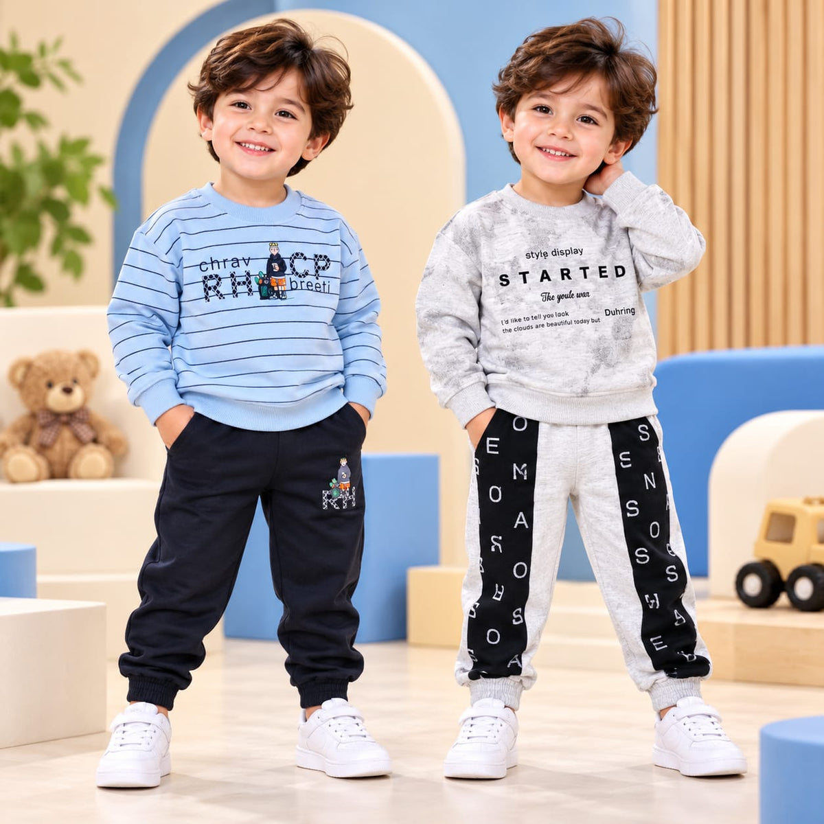Sky Blue Striped & Grey Printed  Suit Set – Pack of 2