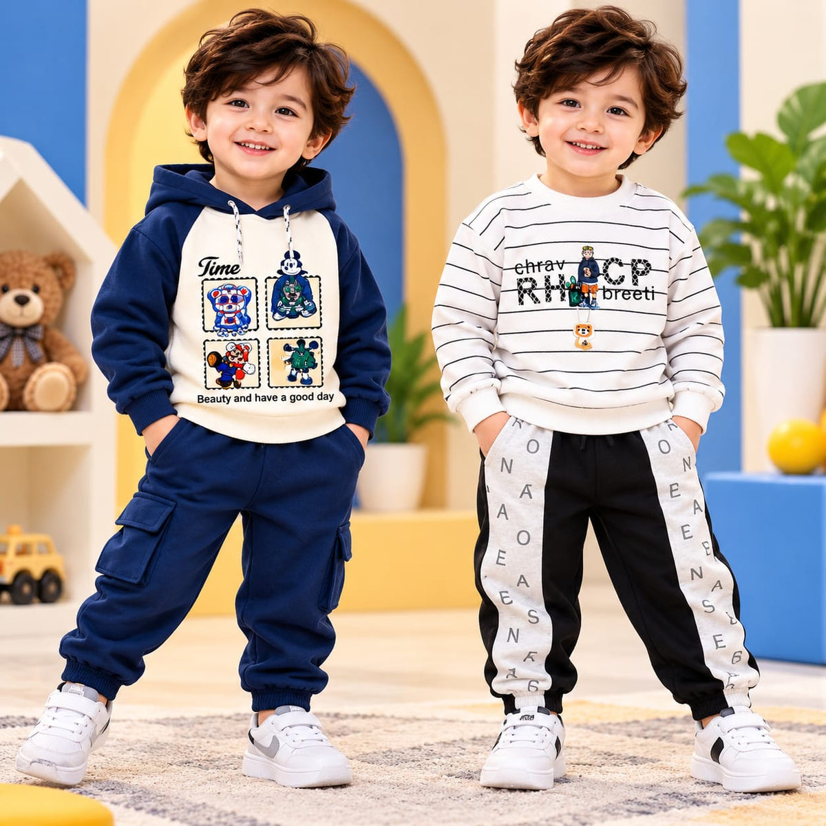 Blue Cartoon Hoodie & Whie Striped Suit Set – Pack of 2