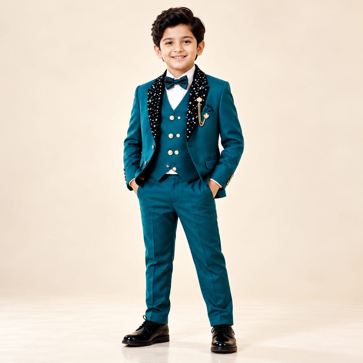 Boys Stylish Teal Green 4-Piece Coat Pant Set (Ages 2 to 11 Years)-M1