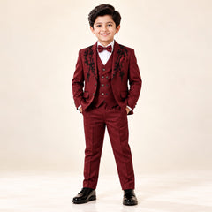 Boys Maroon Designer Coat Pant 4-Piece Set (Ages 2–11 Years)