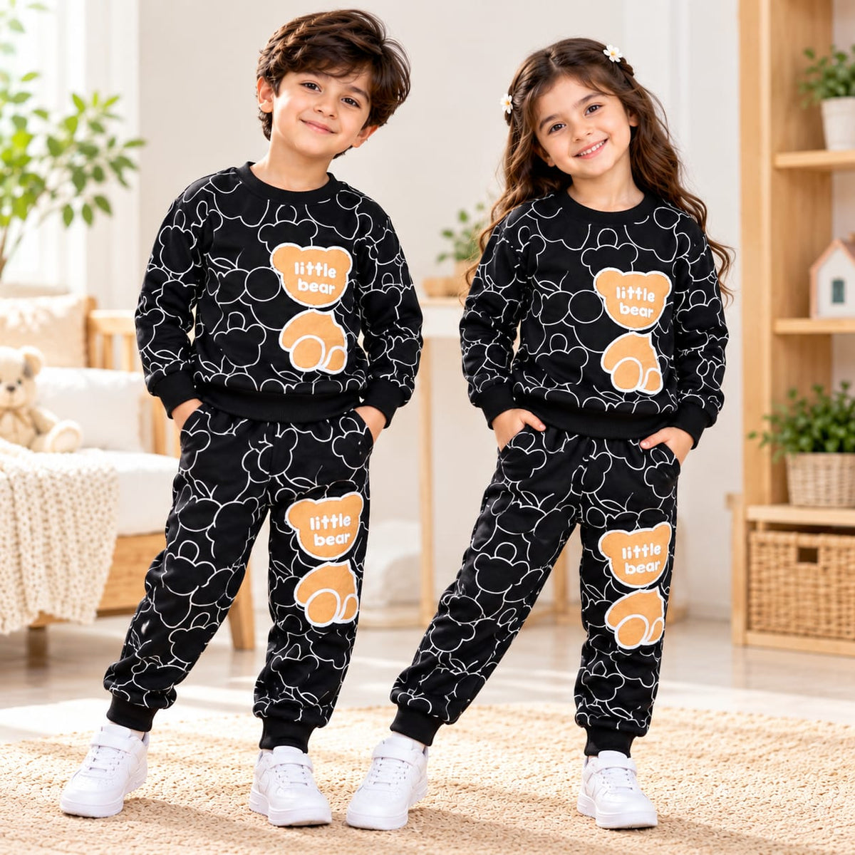 Black Little Bear Printed Girls Sweatshirt & Trosuer Set