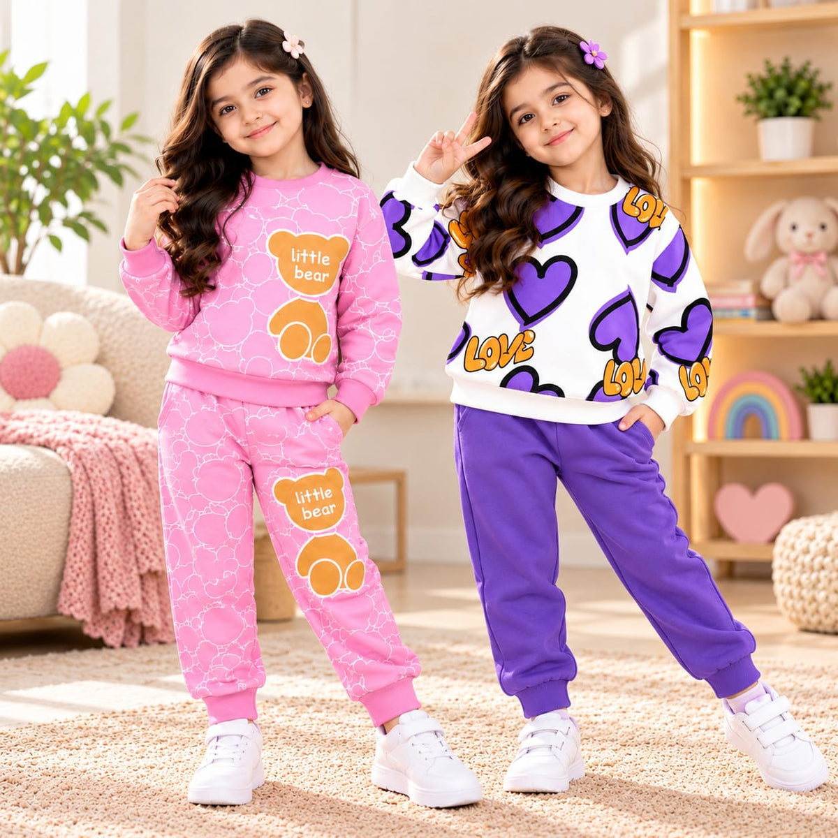 Pink Little Bear & Purple Heart Printed Girls Co-Ord Set
