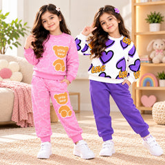 Pink Little Bear & Purple Heart Printed Girls Co-Ord Set