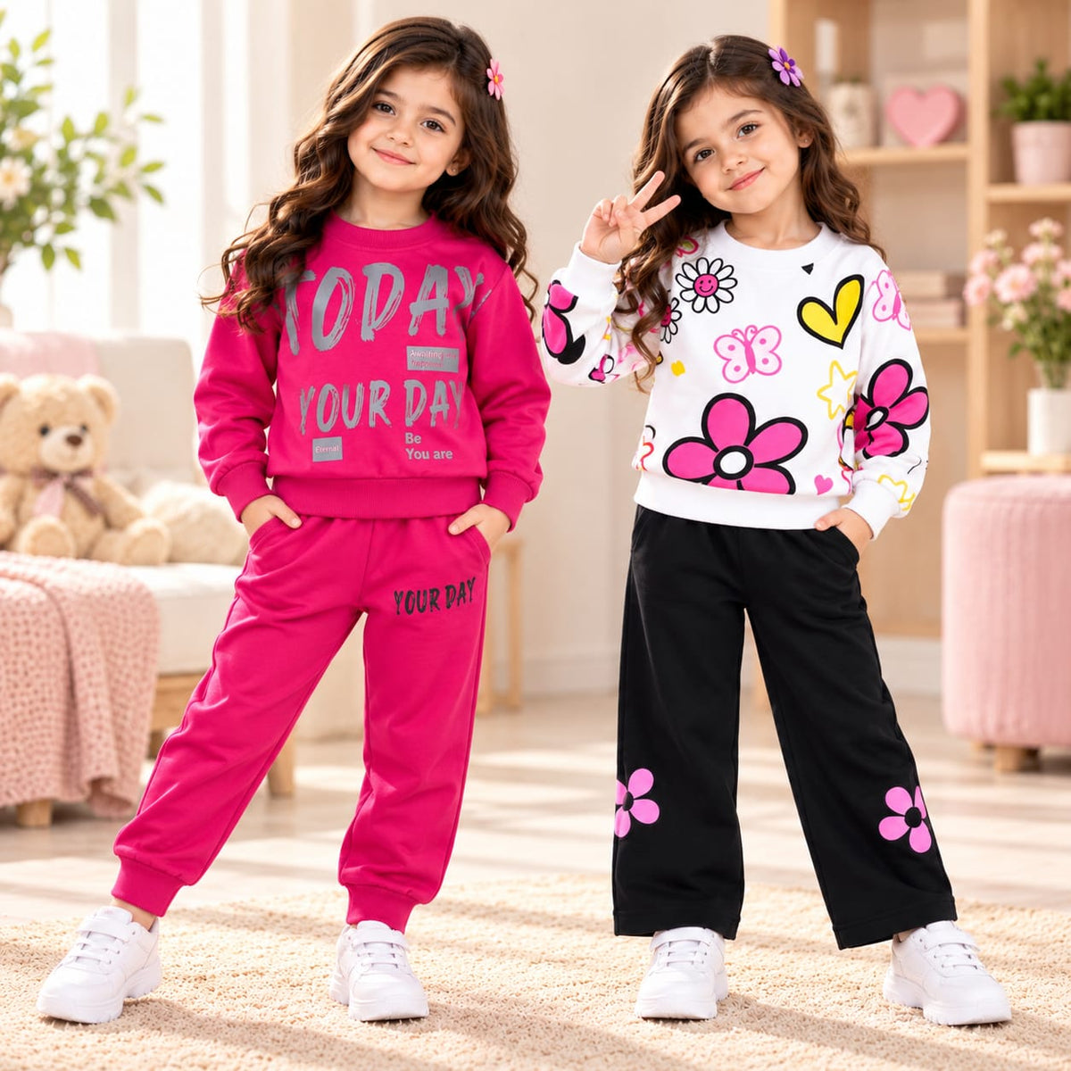 Pink Your Day & Flower Printed Girls Co-Ord Set