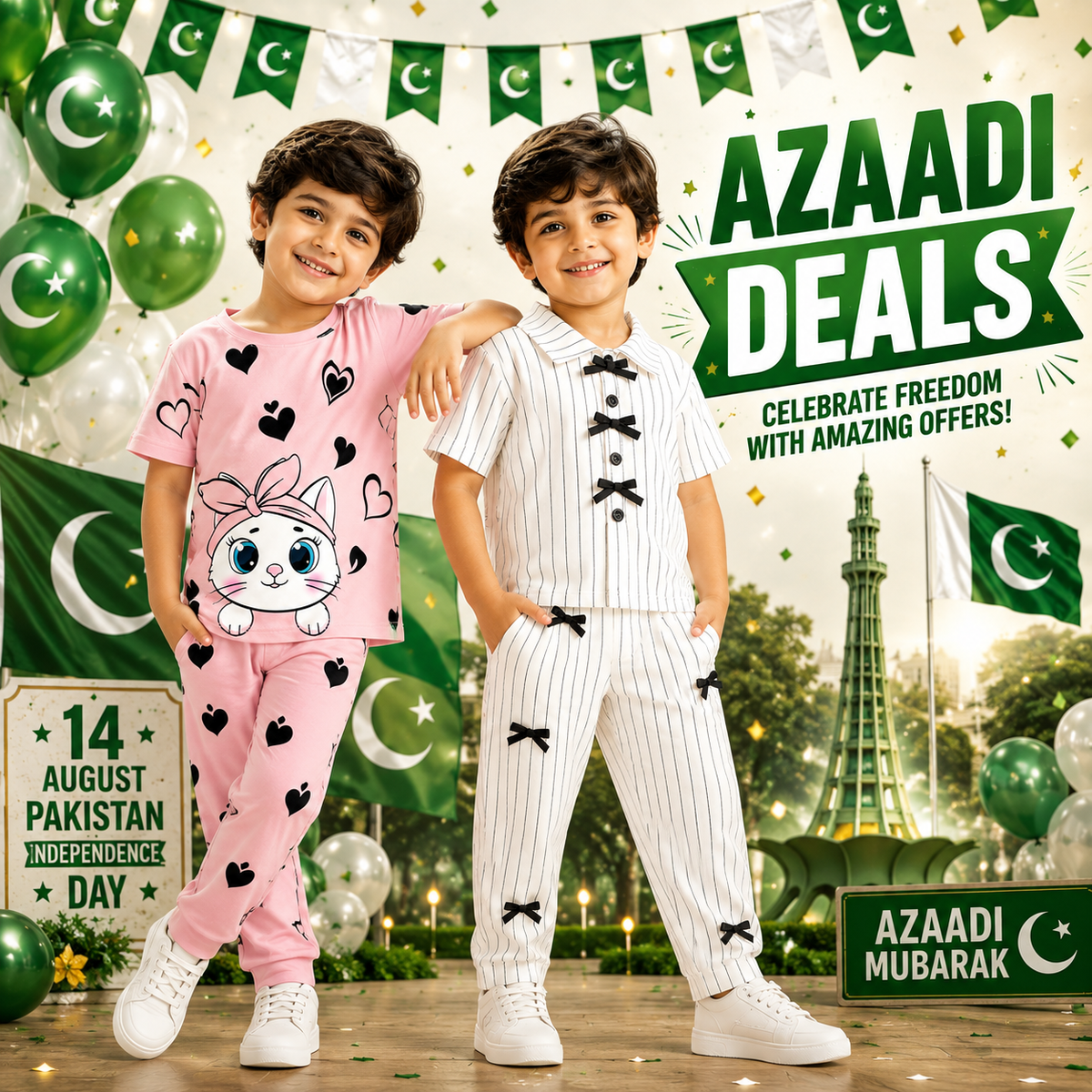 Pink Bunny Heart & White Pinstripe Bow Co-Ord Premium Night Suit Set ( Pack of two ) D6