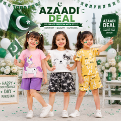 Unicorn, Kitty & Yellow Graphic Summer Outfits Girls Cotton Co-Ord Set Collection (Pack of 3) D3