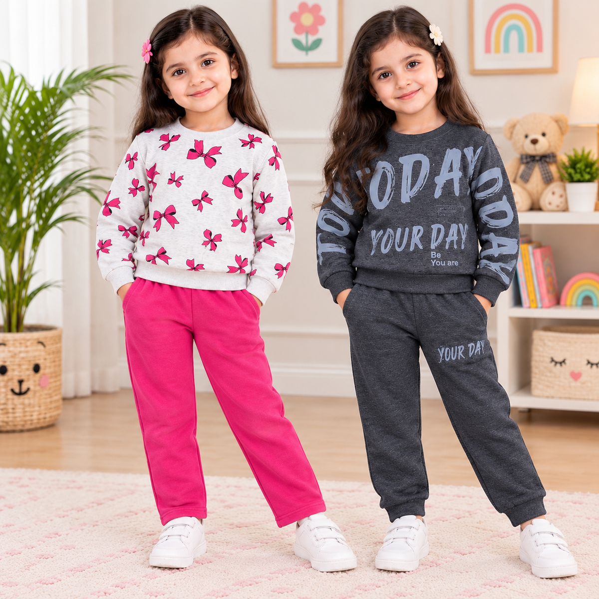 Pink Bow & Charcoal  Graphic Suit Set – Pack of 2