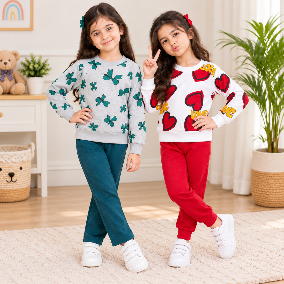 Teal Floral & Yellow LOVE Printed Suit Set – Pack of 2